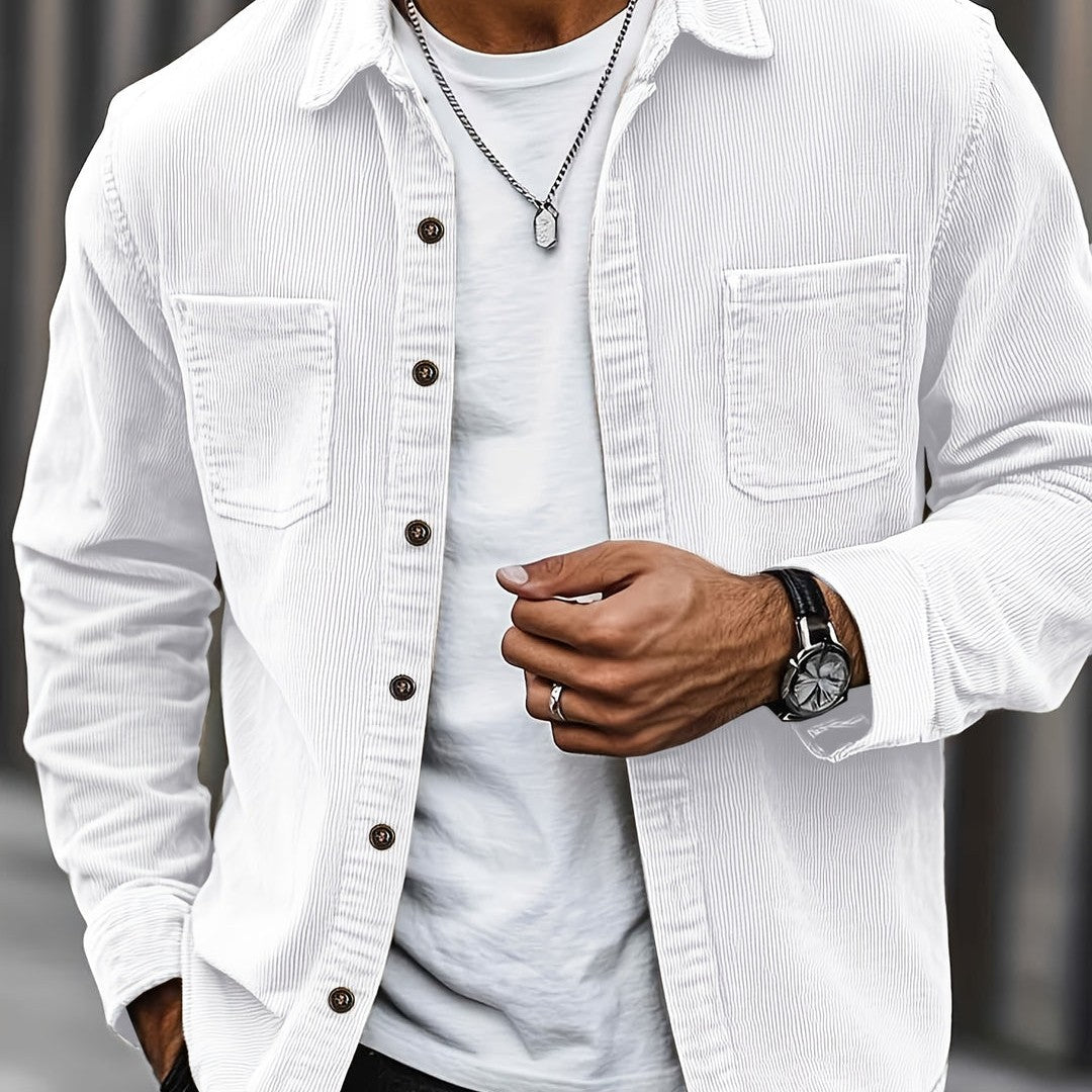 Corduroy button-front overshirt shown in white