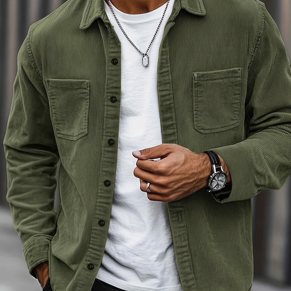 Corduroy button-front overshirt shown in green