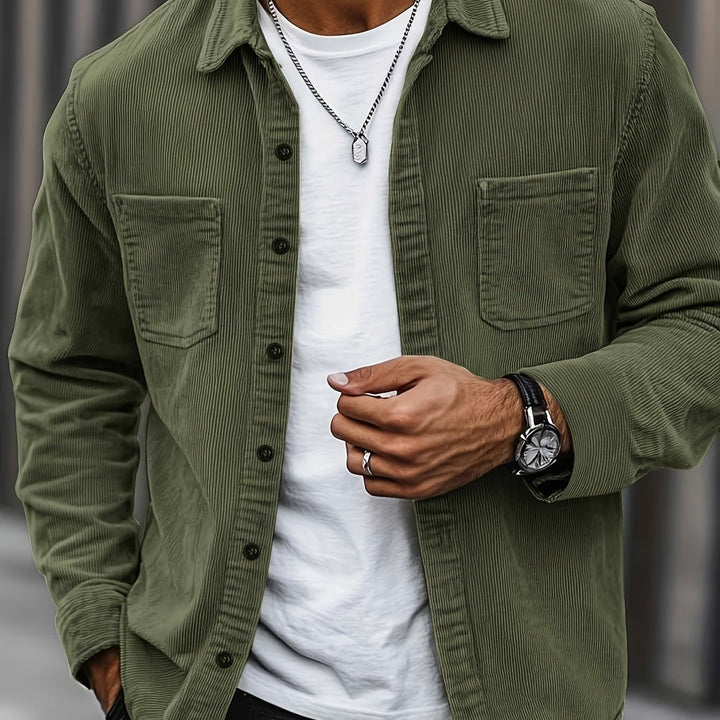 Corduroy button-front overshirt shown in green