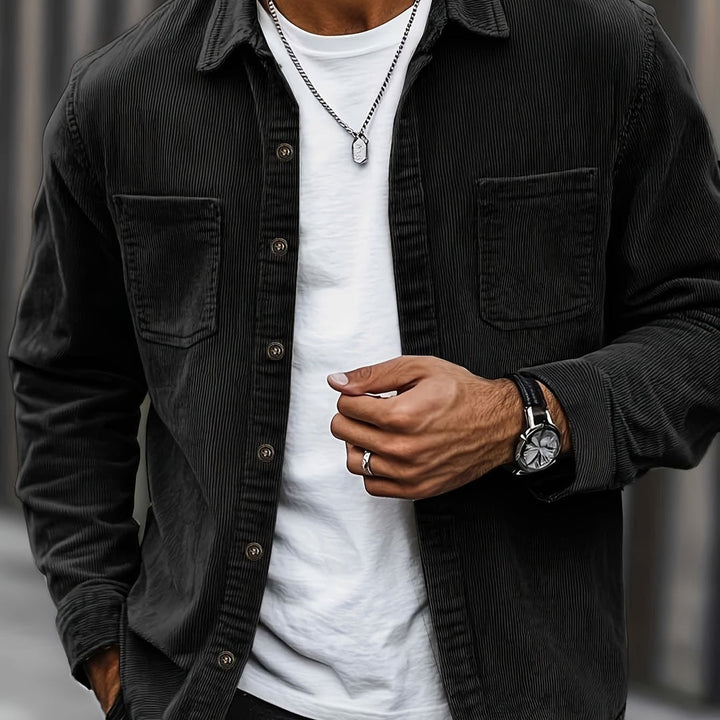 Corduroy button-front overshirt shown in black