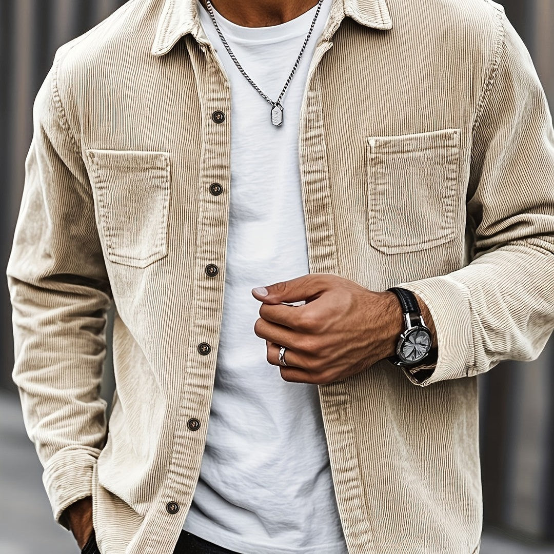 Corduroy button-front overshirt shown in khaki