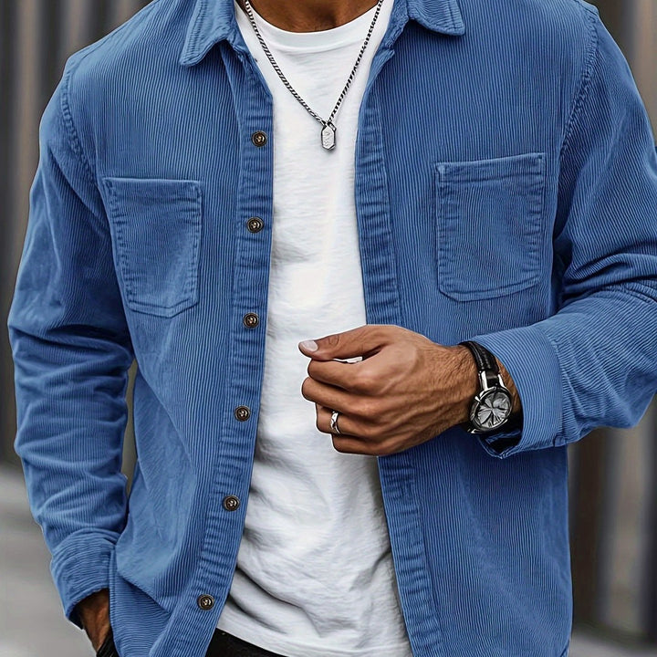 Corduroy button-front overshirt shown in blue