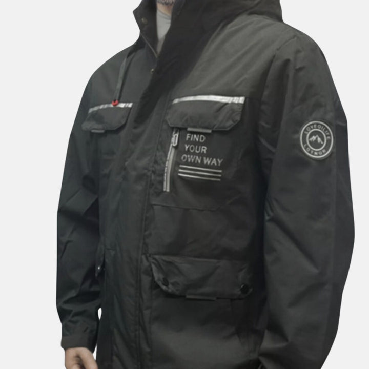 Detachable hood shell jacket, front zipped view