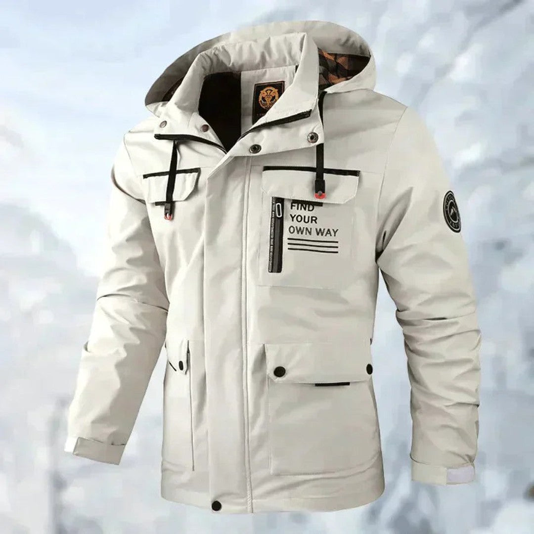 Detachable hood shell jacket shown in white