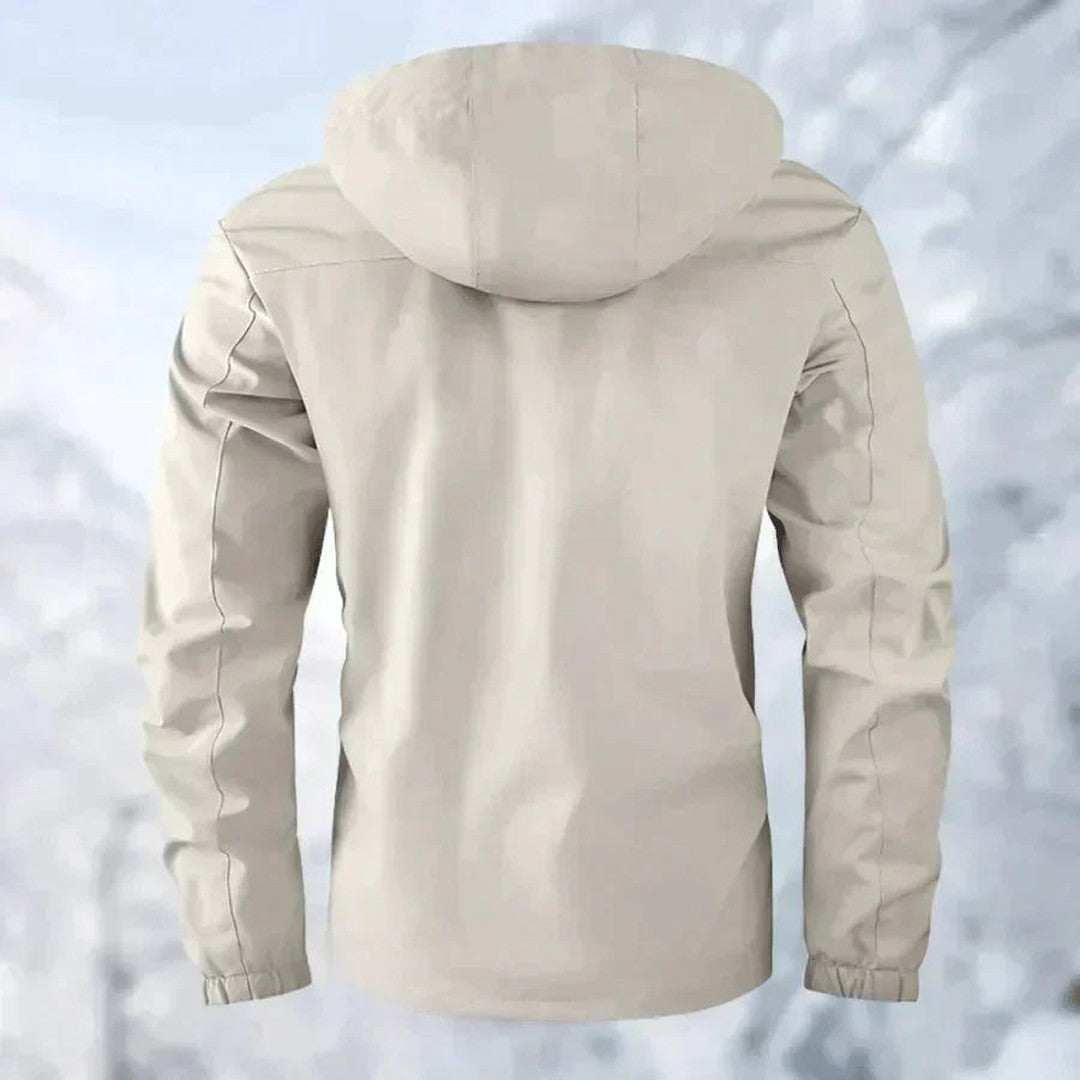 Detachable hood shell jacket, back view