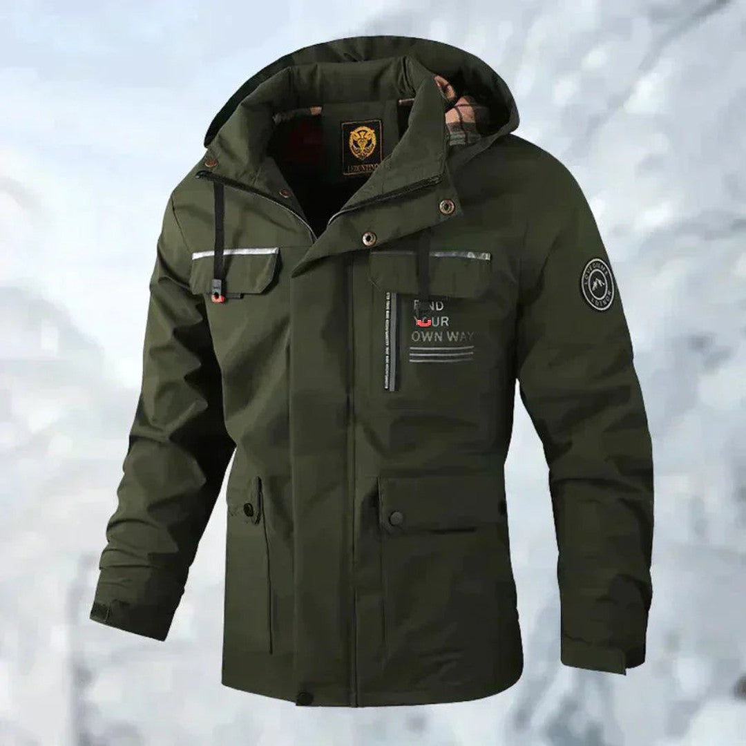 Detachable hood shell jacket shown in dark green
