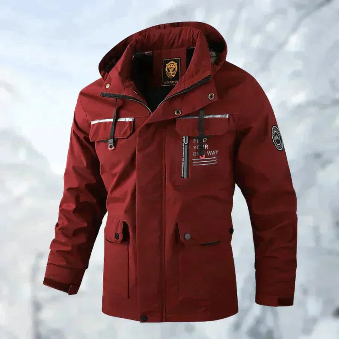 Detachable hood shell jacket shown in red
