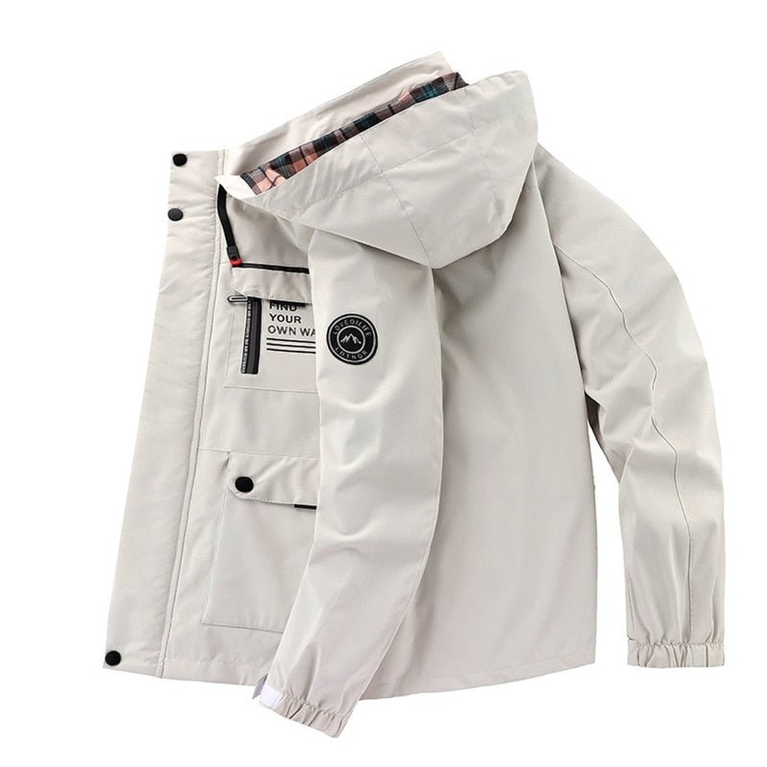 Detachable hood shell jacket, styled outdoor view