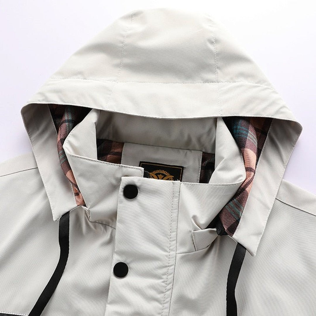 Detachable hood shell jacket, front zipped view