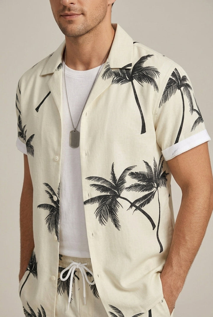 Palm Print Shirt and Drawstring Shorts Set