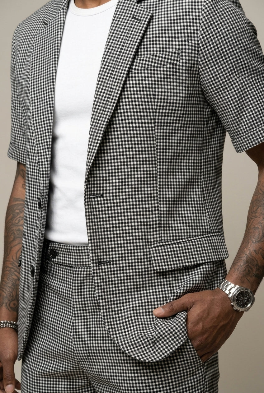Check Short Sleeve Blazer and Shorts Set