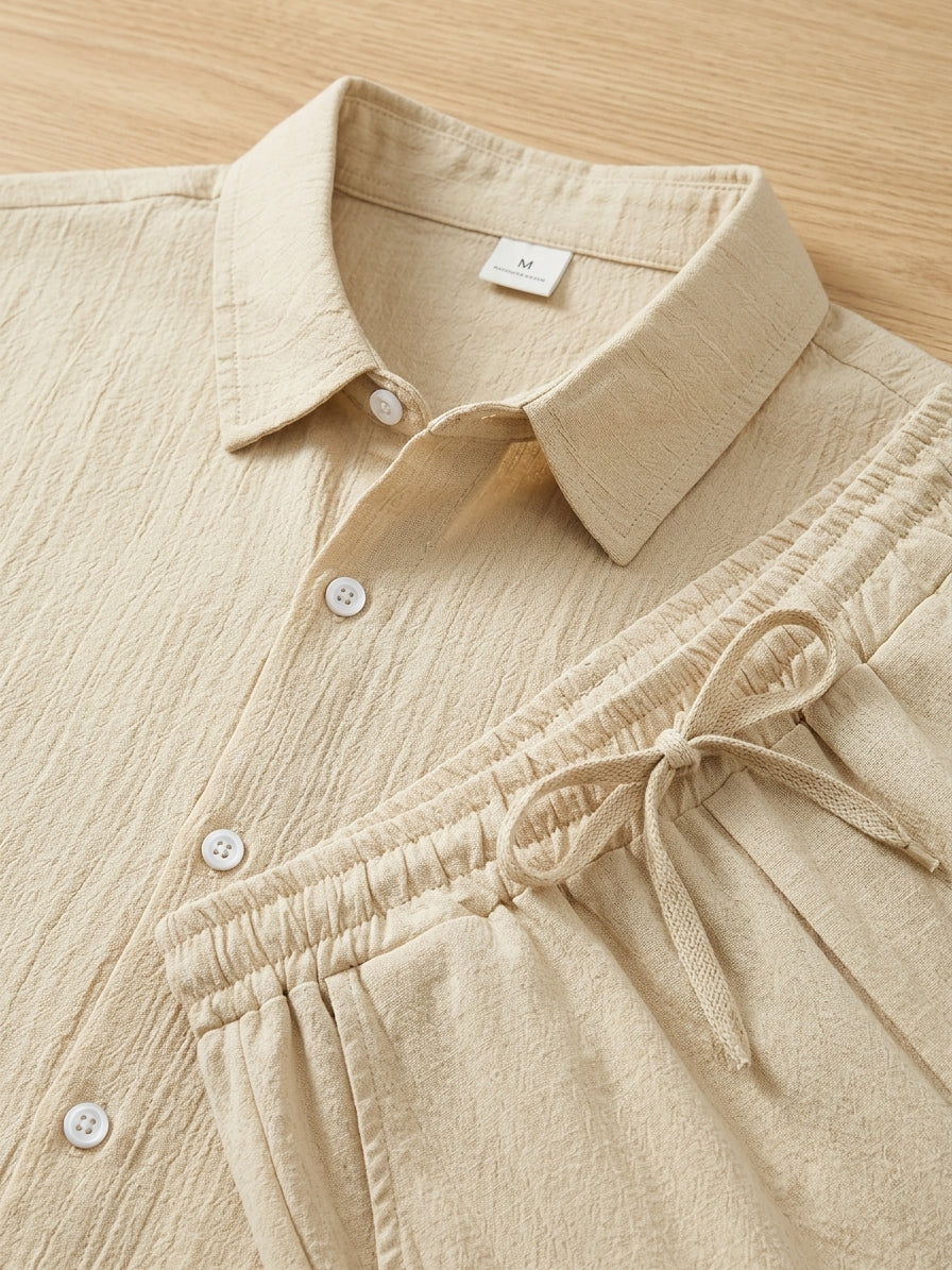 Textured Short Sleeve Shirt and Drawstring Trousers Set