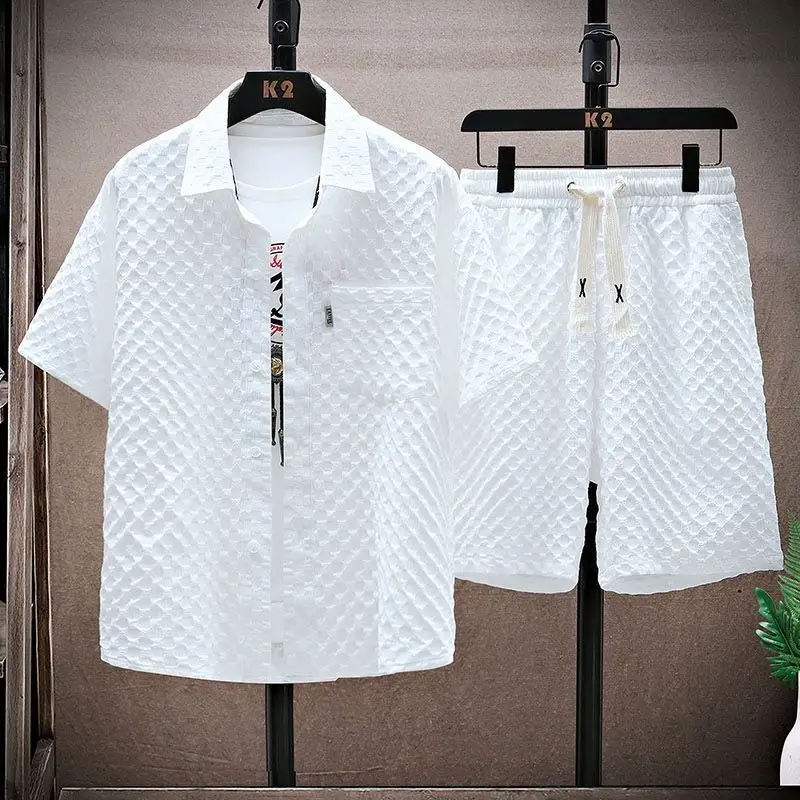 Diamond Texture Shirt and Drawstring Shorts Set