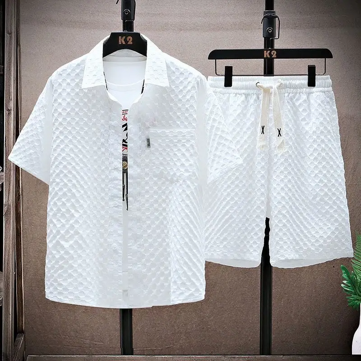 Diamond Texture Shirt and Drawstring Shorts Set