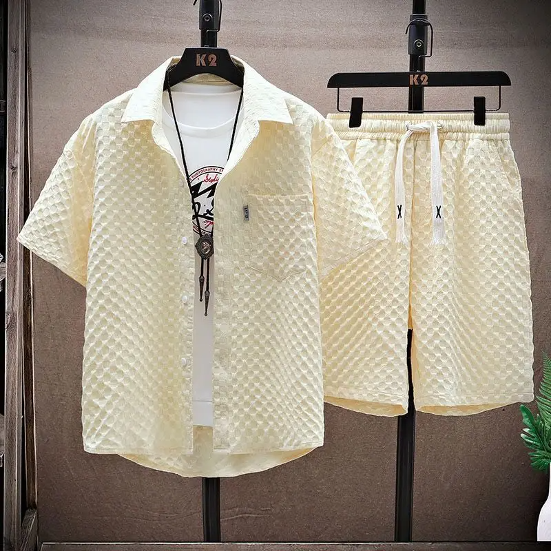 Diamond Texture Shirt and Drawstring Shorts Set