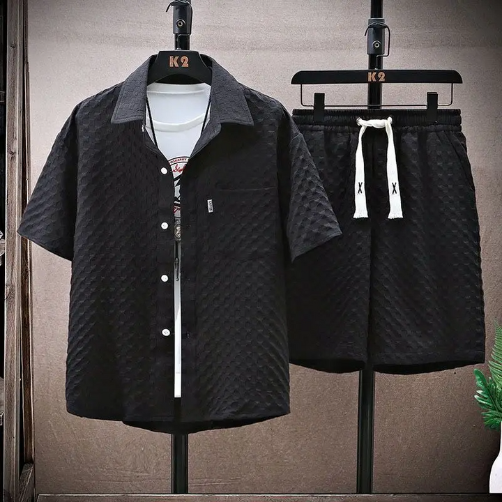Diamond Texture Shirt and Drawstring Shorts Set