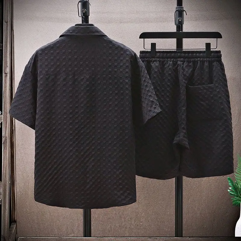 Diamond Texture Shirt and Drawstring Shorts Set