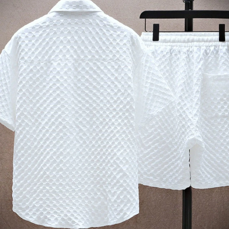 Diamond Texture Shirt and Drawstring Shorts Set