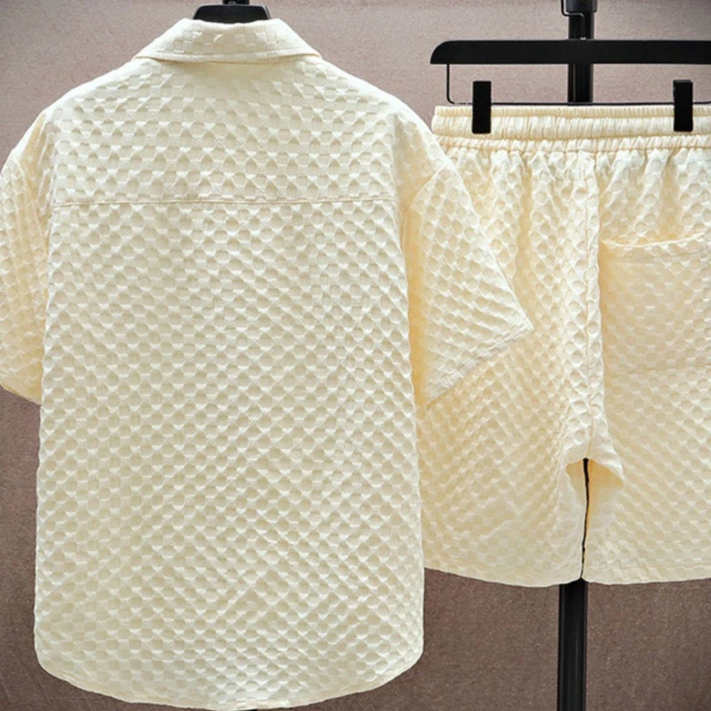 Diamond Texture Shirt and Drawstring Shorts Set
