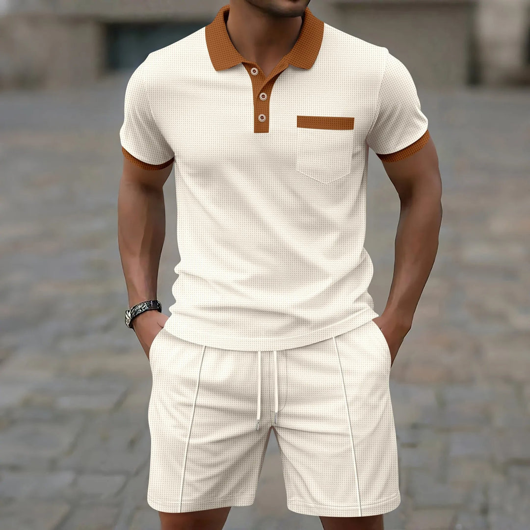 Contrast Trim Polo Shirt and Drawstring Shorts Set