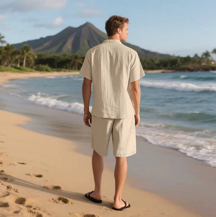Linen-Look Button-Down Shirt and Drawstring Shorts Set