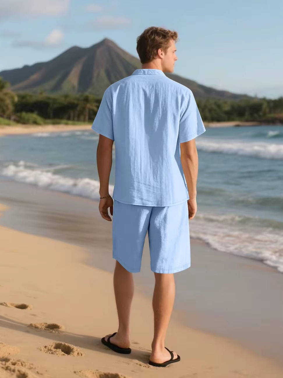 Linen-Look Button-Down Shirt and Drawstring Shorts Set