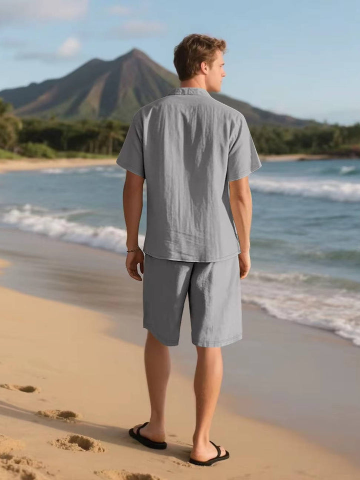 Linen-Look Button-Down Shirt and Drawstring Shorts Set