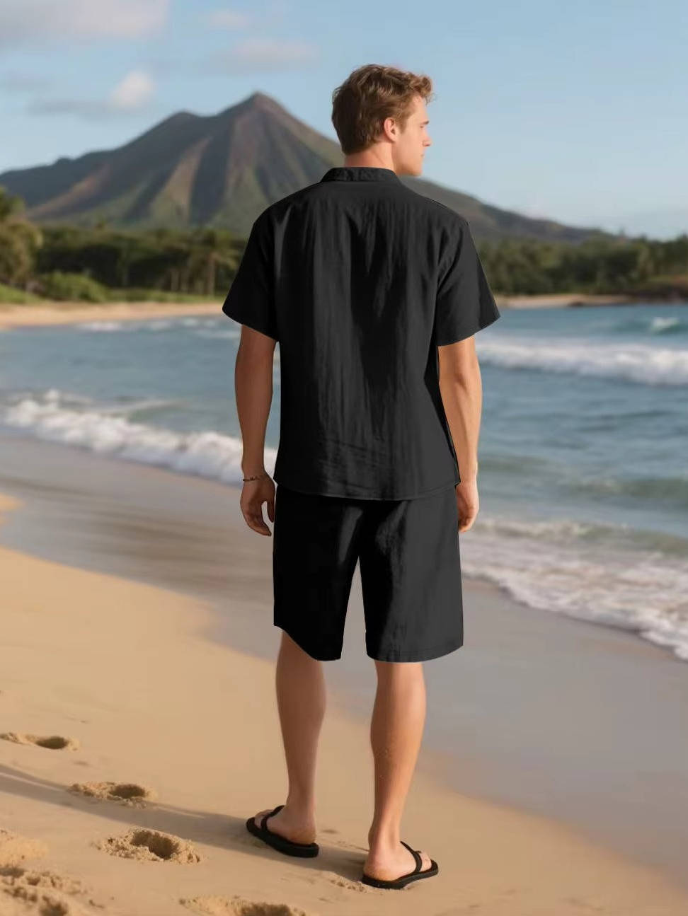 Linen-Look Button-Down Shirt and Drawstring Shorts Set