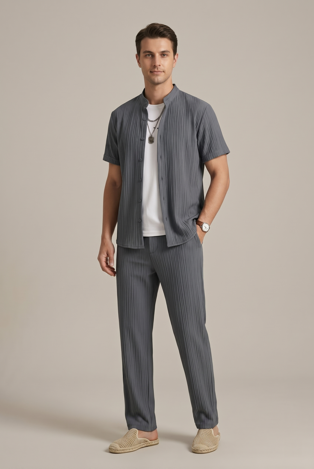 Striped Collared Shirt and Drawstring Trousers Set