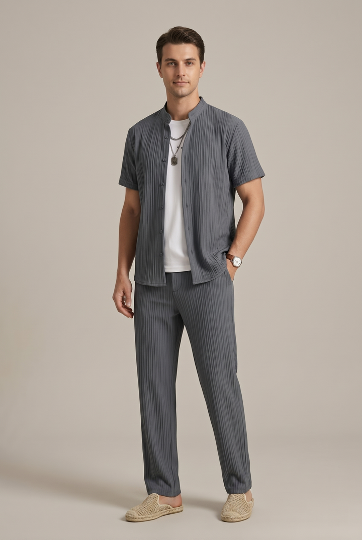 Striped Collared Shirt and Drawstring Trousers Set