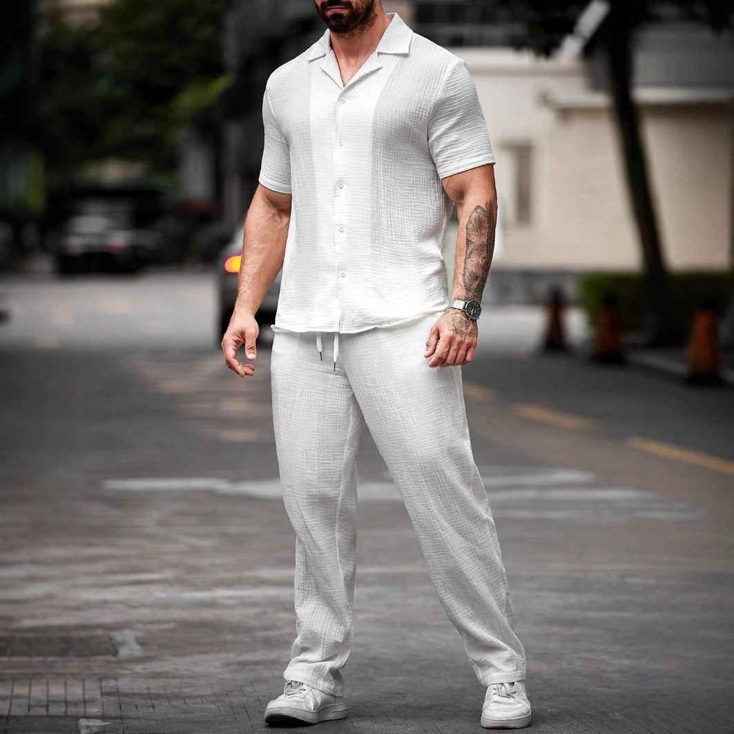 Camp Collar Shirt and Straight Leg Trousers Set