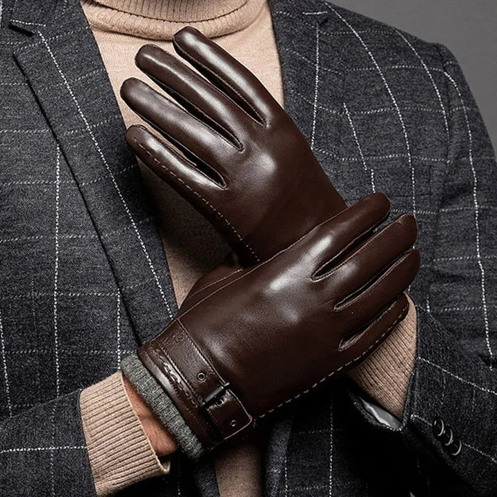 Fleece-lined leather-look glove, close-up detail view