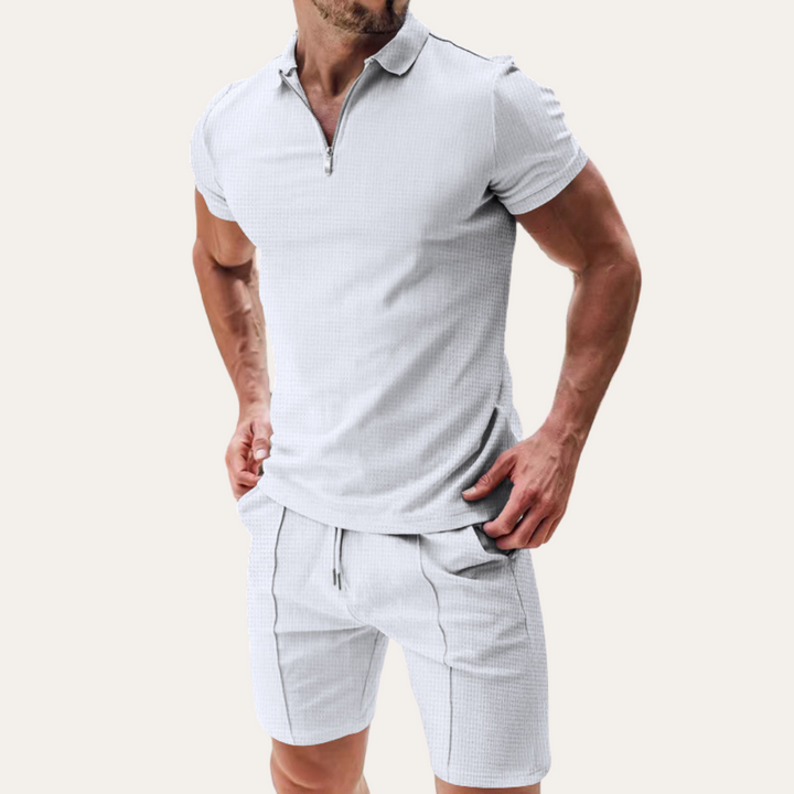 Zip Polo Shirt and Drawstring Shorts Set