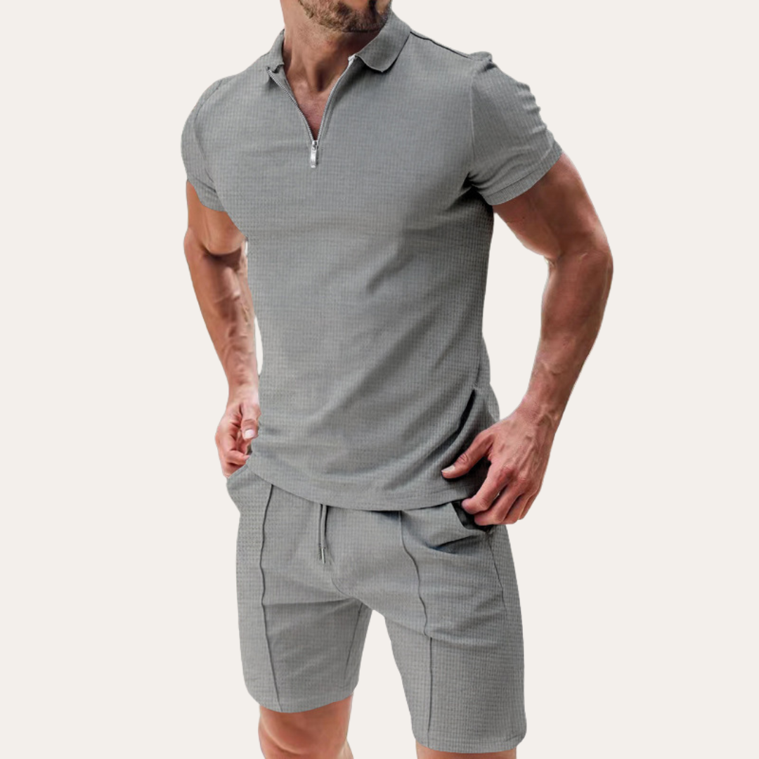 Zip Polo Shirt and Drawstring Shorts Set