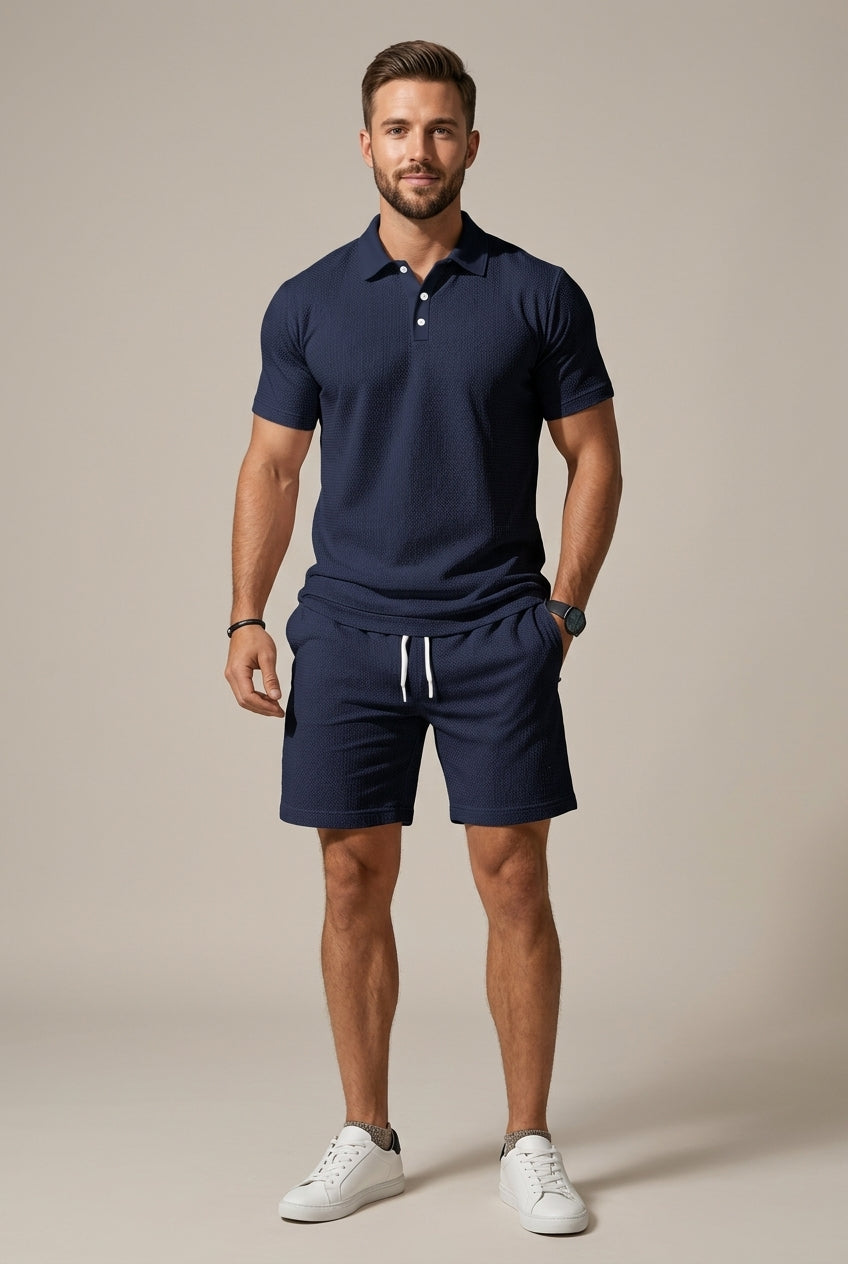 Textured Polo Shirt and Drawstring Shorts Set