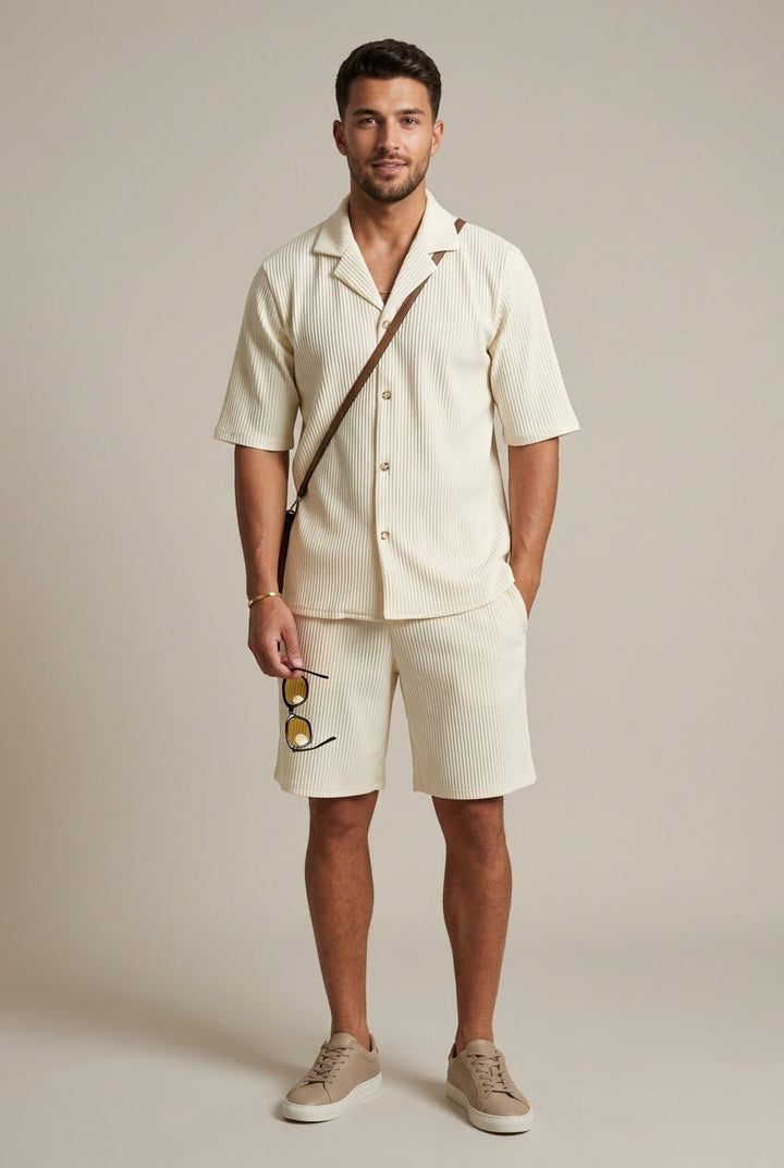 Ribbed Short Sleeve Shirt and Drawstring Trousers Set