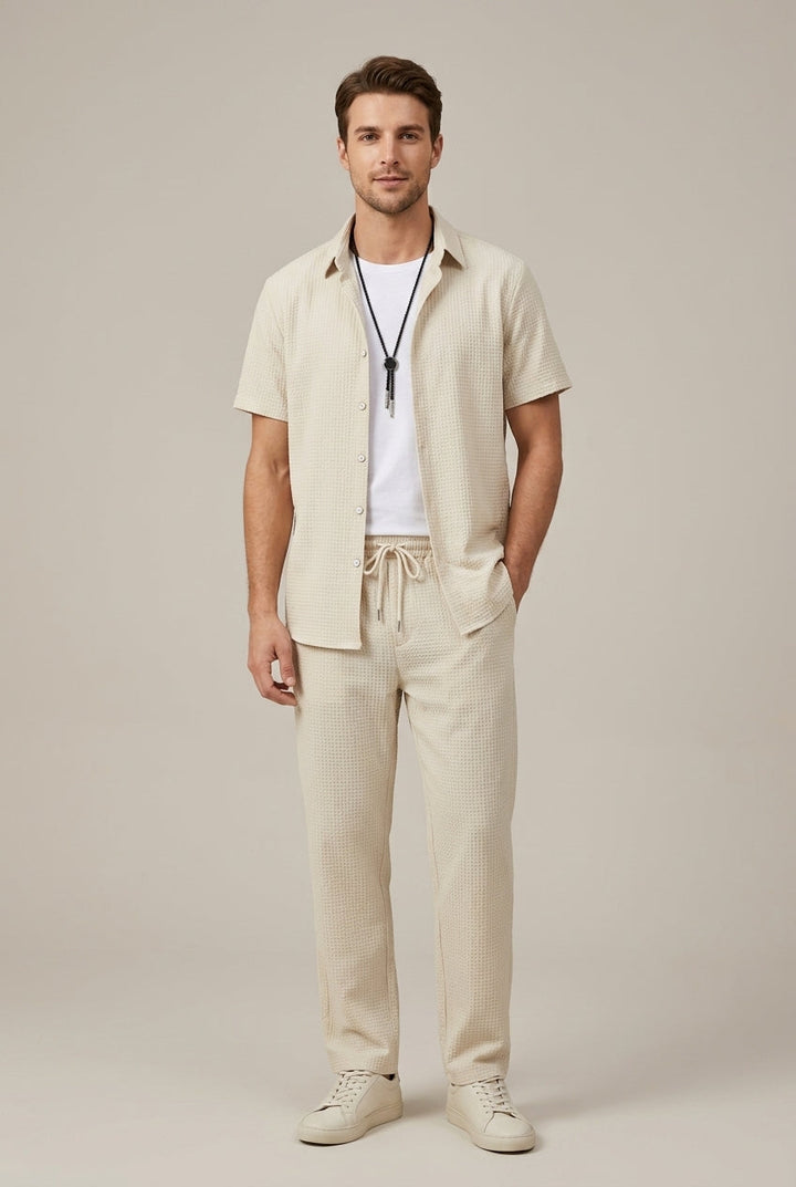 Waffle Texture Shirt and Straight Leg Trousers Set