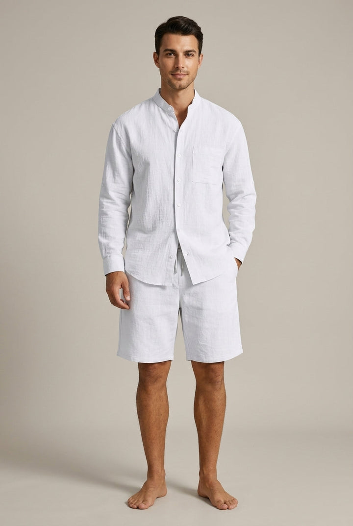 Band Collar Long Sleeve Shirt and Shorts Set