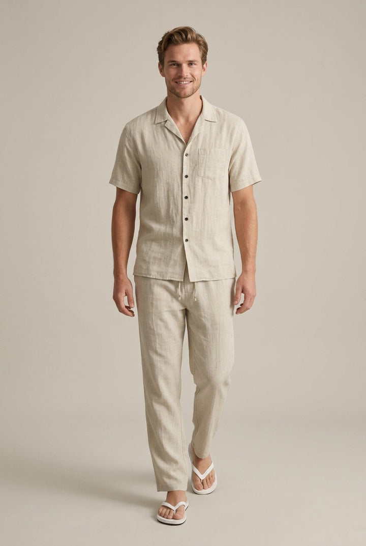 Linen-Look Short Sleeve Shirt and Trousers Set