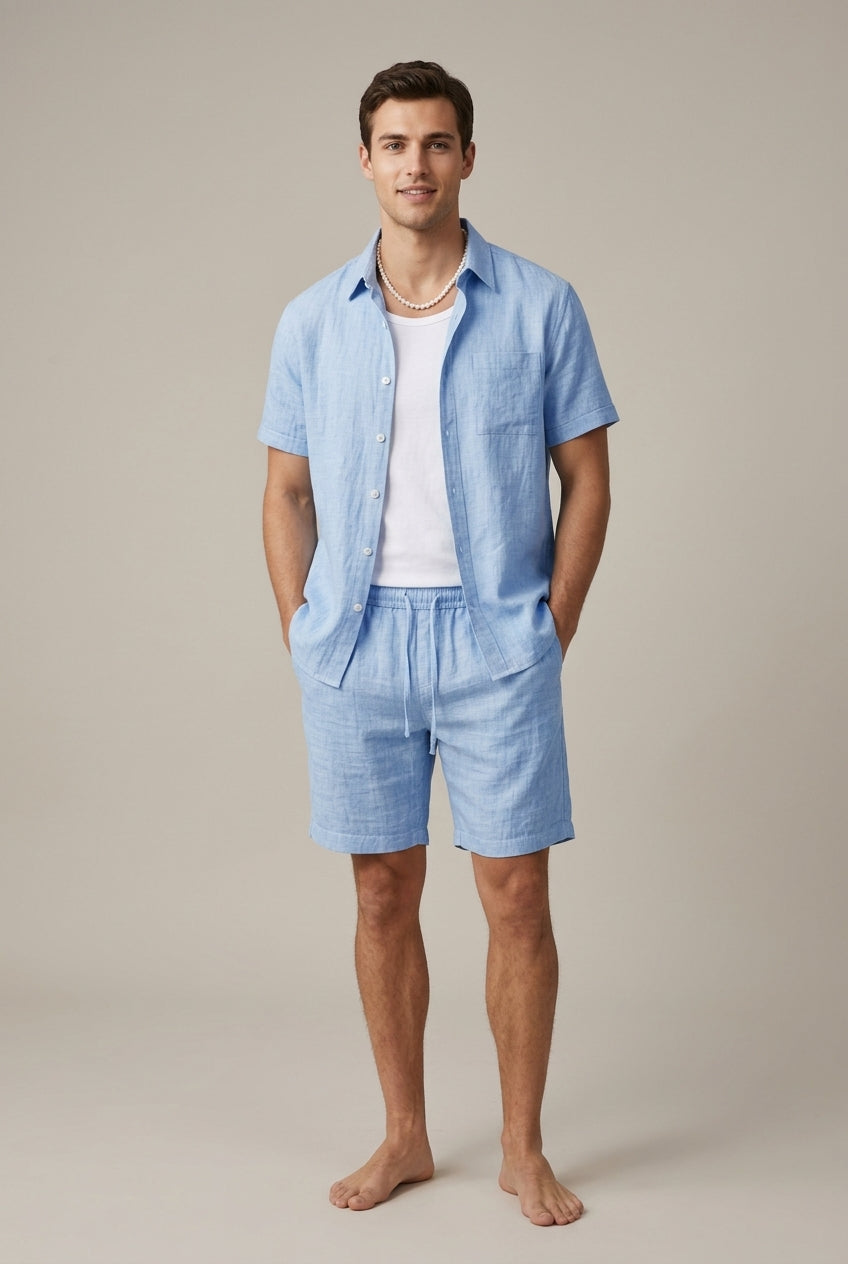 Short Sleeve Woven Shirt and Drawstring Shorts Set