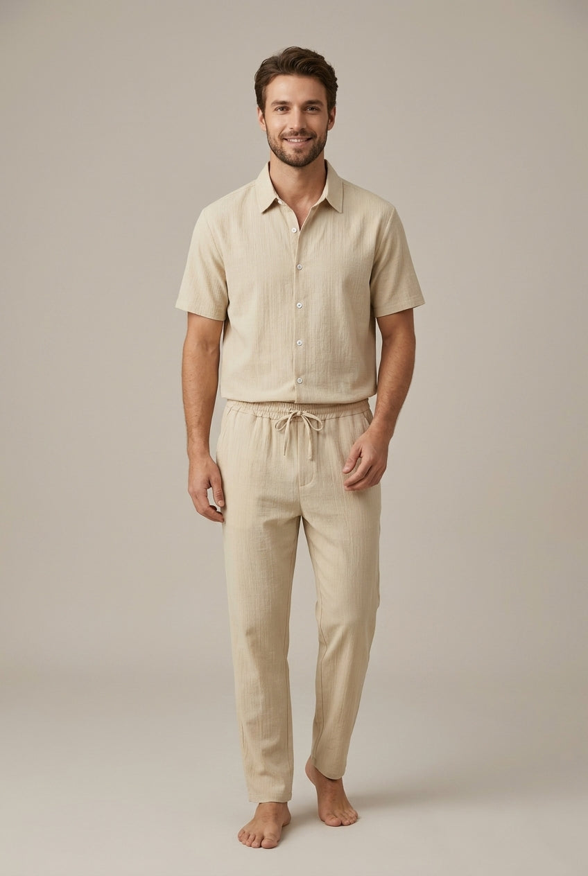 Textured Short Sleeve Shirt and Drawstring Trousers Set