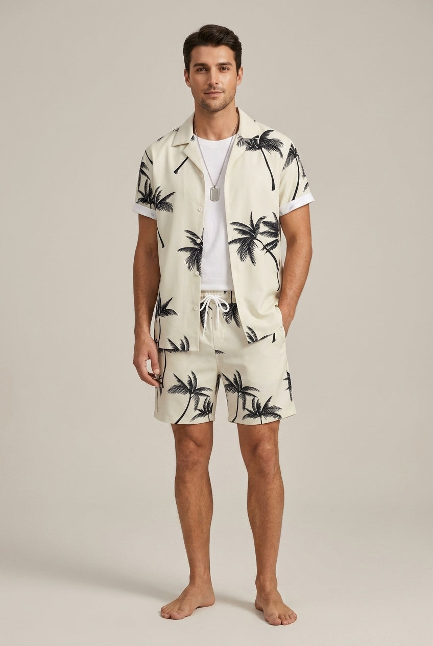 Palm Print Shirt and Drawstring Shorts Set