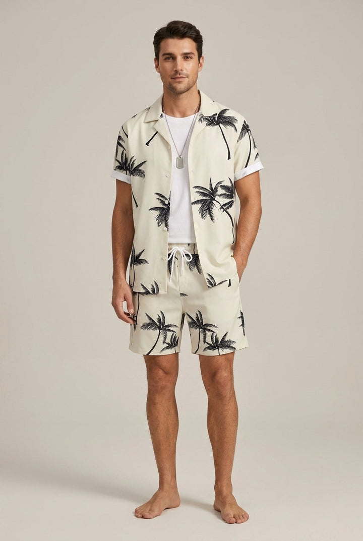 Palm Print Shirt and Drawstring Shorts Set