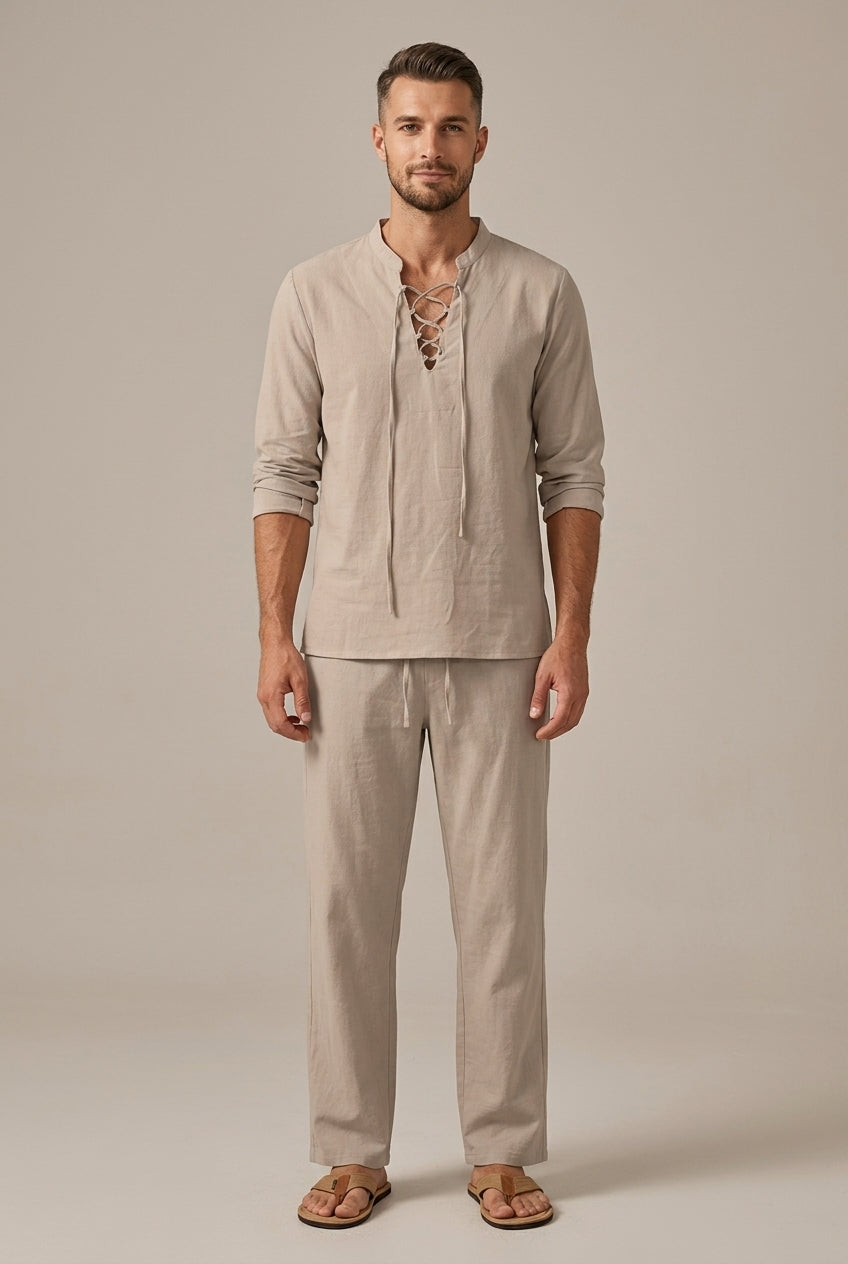 Lace-Up V-Neck Top and Wide Leg Trousers Set