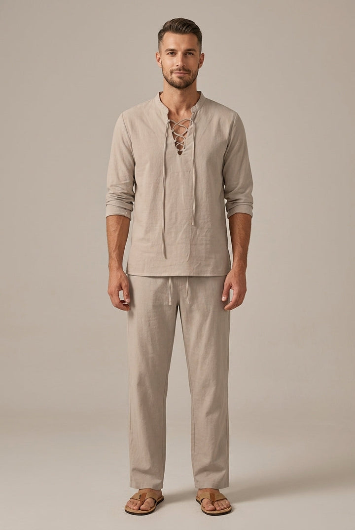 Lace-Up V-Neck Top and Wide Leg Trousers Set