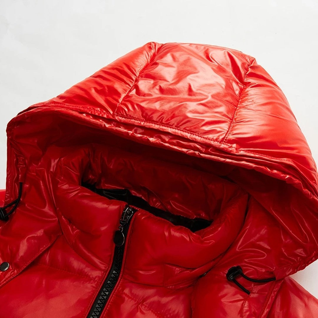 Hollinwood - Glossy Hooded Puffer Jacket Detachable Hood Quilted Channels Front Zip