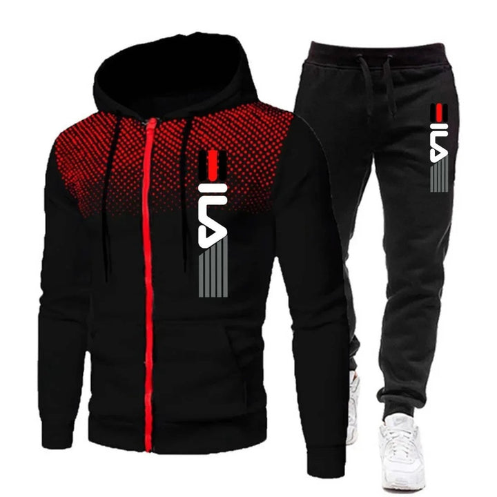 Sporty Two-Piece Tracksuit Set - Black