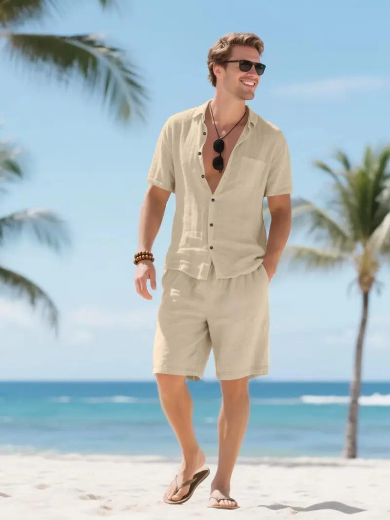 Linen-Look Button-Down Shirt and Drawstring Shorts Set