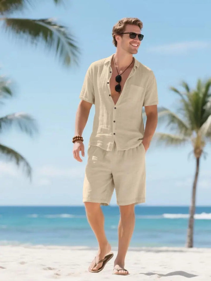 Linen-Look Button-Down Shirt and Drawstring Shorts Set