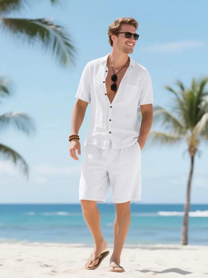 Linen-Look Button-Down Shirt and Drawstring Shorts Set